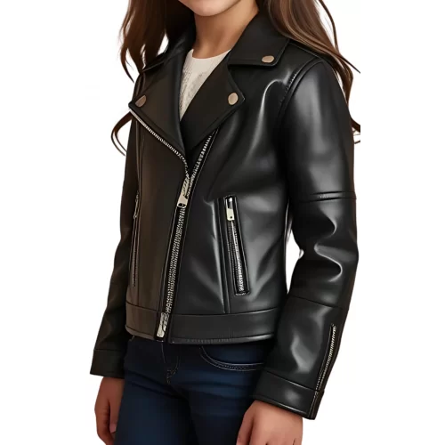 Blouson type perfecto fille en cuir d'agneau noir modèle Pilia âge 10 ans