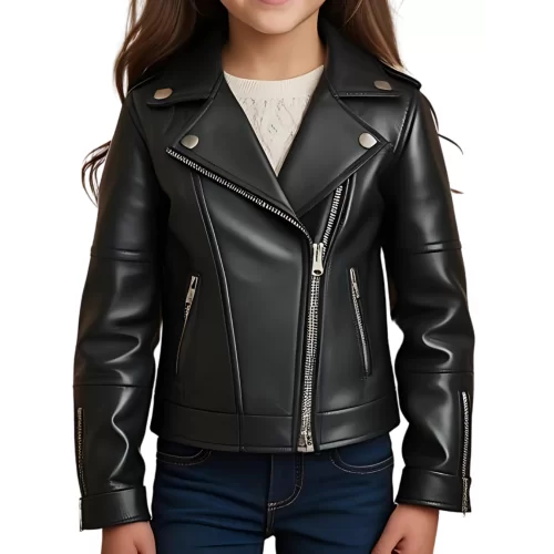 Blouson type perfecto fille en cuir d'agneau noir modèle Pilia âge 10 ans
