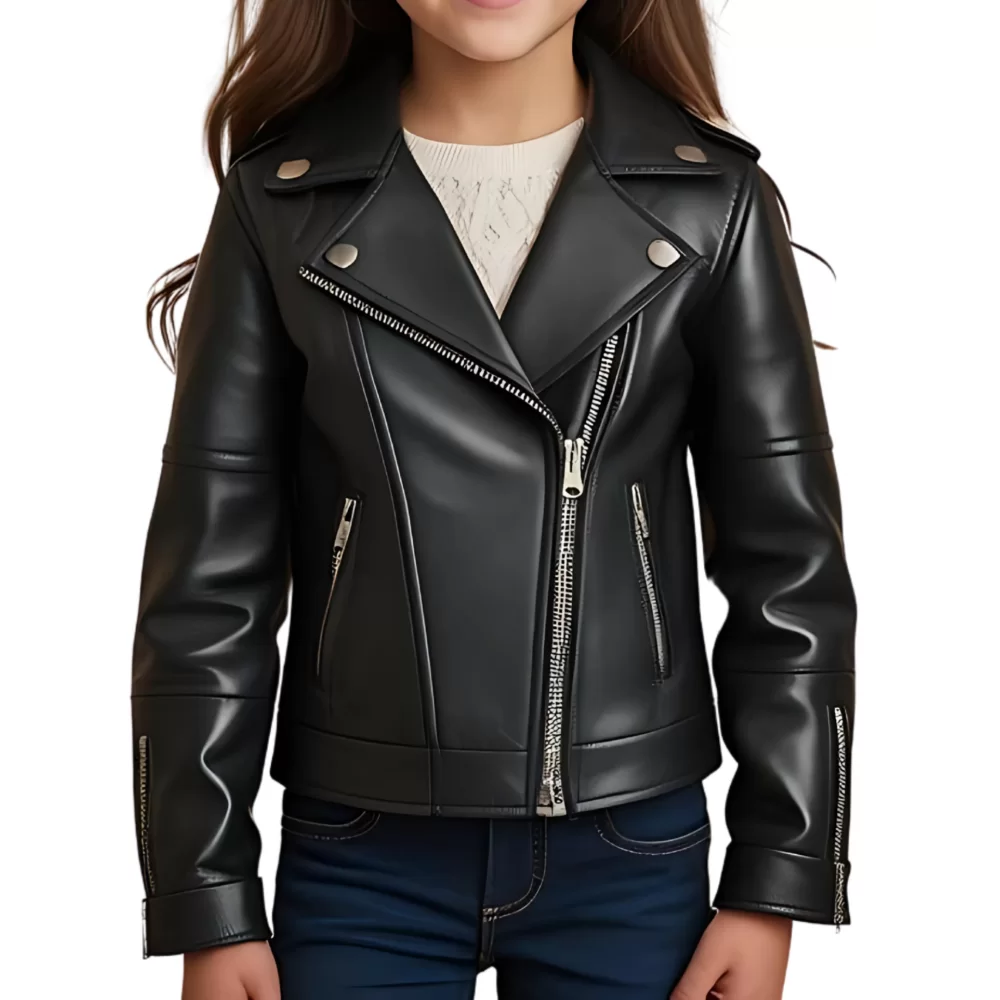 Blouson type perfecto fille en cuir d'agneau noir modèle Pilia âge 10 ans