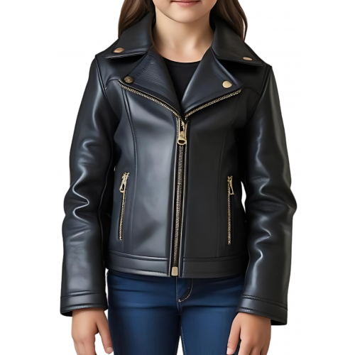 Blouson type perfecto fille en cuir d'agneau noir modèle Vivie âge 10 ans