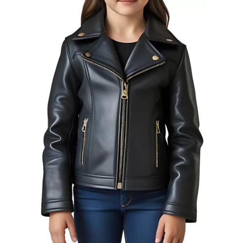 Blouson type perfecto fille en cuir d'agneau noir modèle Vivie âge 10 ans