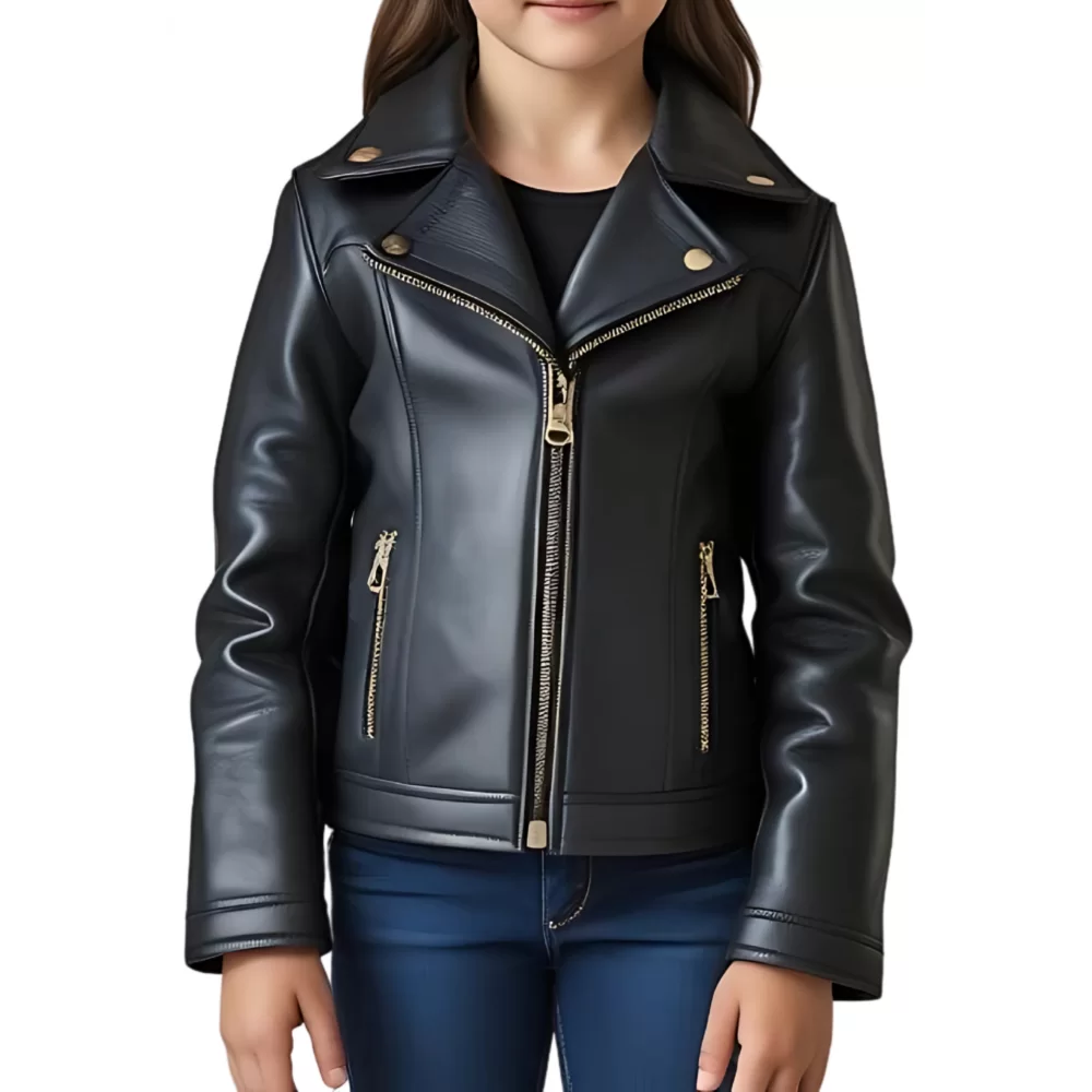 Blouson type perfecto fille en cuir d'agneau noir modèle Vivie âge 10 ans