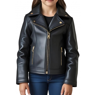 Blouson type perfecto fille en cuir d'agneau noir modèle Vivie âge 10 ans