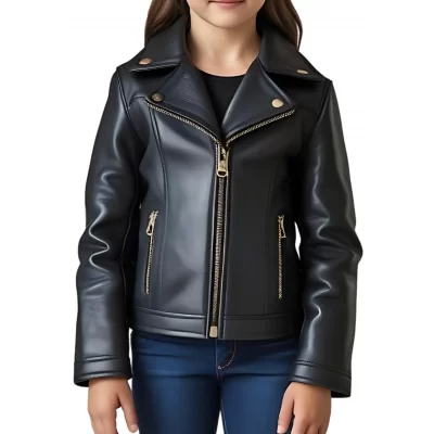 Blouson type perfecto fille en cuir d'agneau noir modèle Vivie âge 10 ans