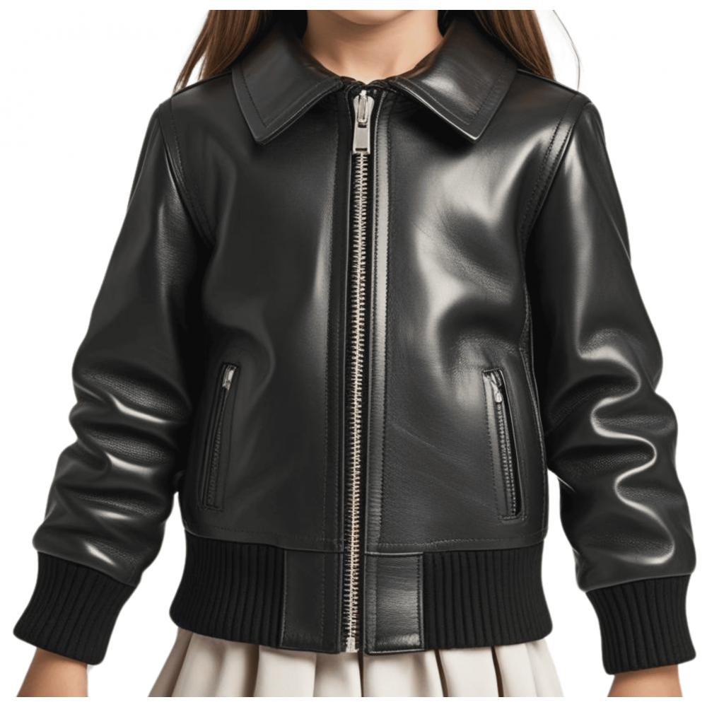 Blouso  fille en cuir d'agneau noir avec bords côtes modèle Karo âge 10 ans