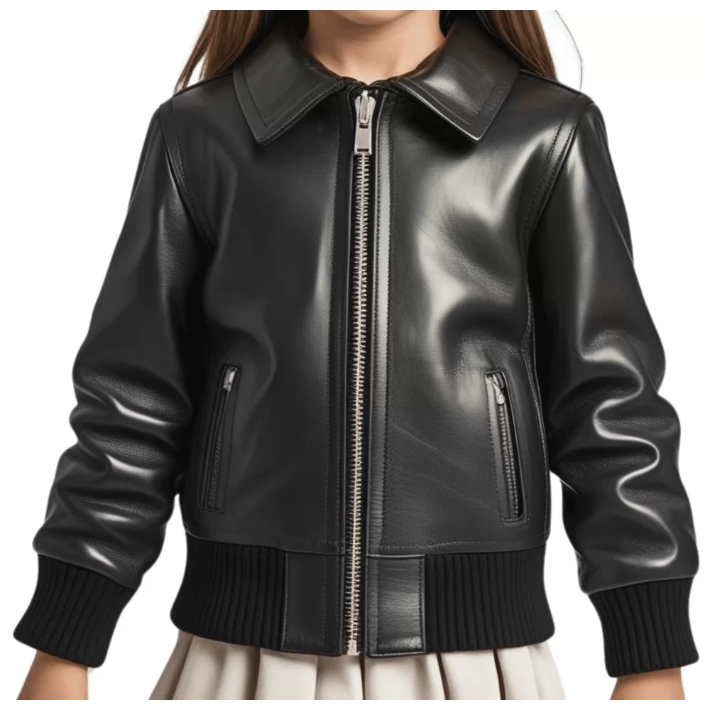 Blouso fille en cuir d'agneau noir avec bords côtes modèle Karo âge 10 ans