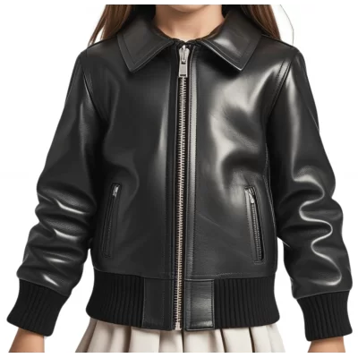Blouso fille en cuir d'agneau noir avec bords côtes modèle Karo âge 10 ans