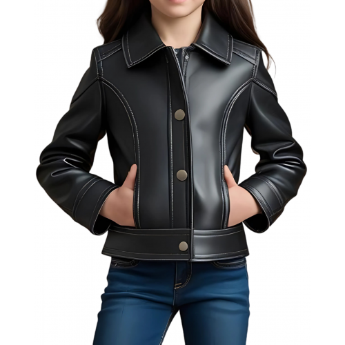 Blouson fille en cuir d'agneau noir modèle Cyrai âge 10 ans