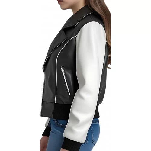 Blouson type perfecto fille bicolore en cuir d'agneau noir et blanc modèle Anegie âge 10 ans