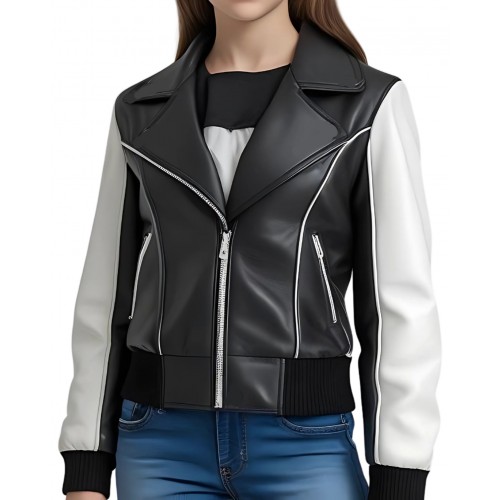 Blouson type perfecto fille bicolore en cuir d'agneau noir et blanc modèle Anegie âge 10 ans