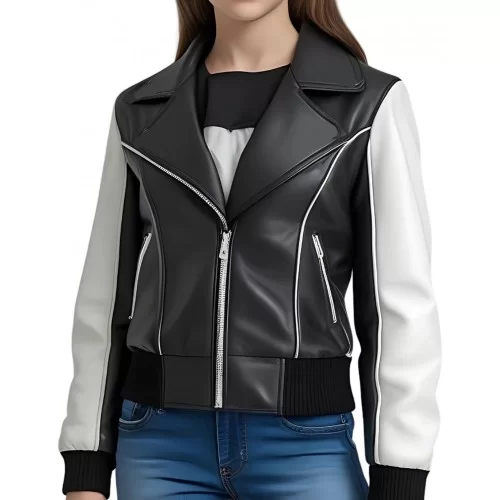 Blouson type perfecto fille bicolore en cuir d'agneau noir et blanc modèle Anegie âge 10 ans