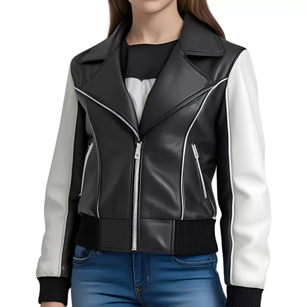 Blouson type perfecto fille bicolore en cuir d'agneau noir et blanc modèle Anegie âge 10 ans