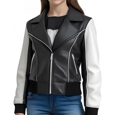 Blouson type perfecto fille bicolore en cuir d'agneau noir et blanc modèle Anegie âge 10 ans