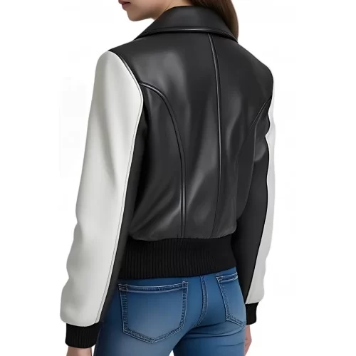 Blouson type perfecto fille bicolore en cuir d'agneau noir et blanc modèle Anegie âge 10 ans
