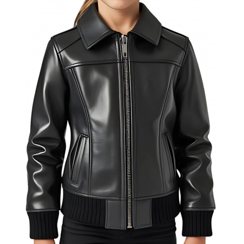 Blouson fille en cuir d'agneau noir modèle Ibiza âge 10 ans