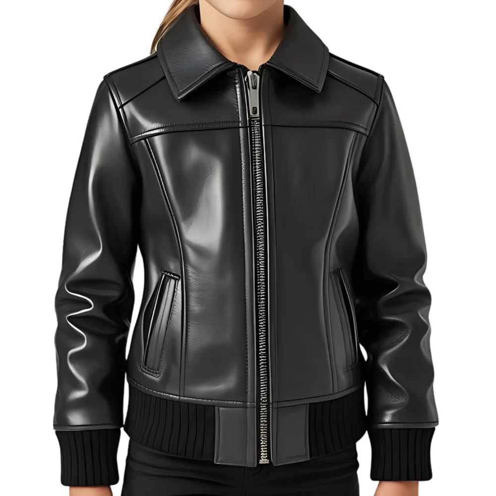 Blouson fille en cuir d'agneau noir modèle Ibiza âge 10 ans