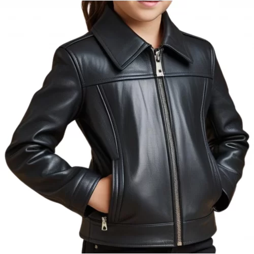 Blouson fille en cuir d'agneau noir modèle Irice âge 10 ans