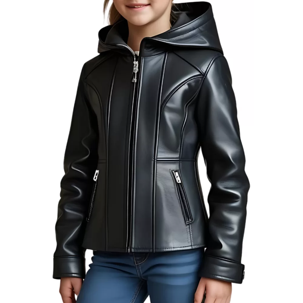 Veste fille en cuir d'agneau noir modèle Dlna âge 10 ans