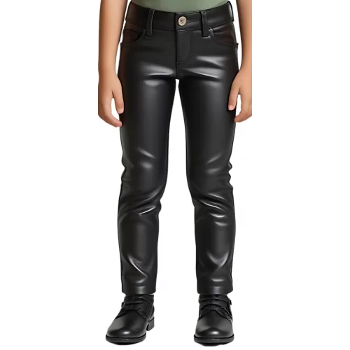 Pantalon type jeans fille en cuir d'agneau noir modèle Gabbye âge 10 ans