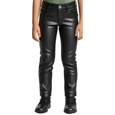Pantalon type jeans fille en cuir d'agneau noir modèle Gabbye âge 10 ans