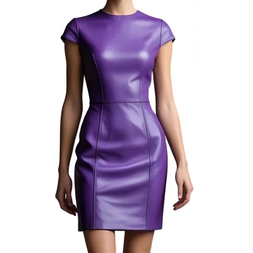 Robe cuir mi courte en cuir d'agneau violet manches courtes modèle Yvanonie