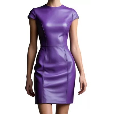 Robe cuir mi courte en cuir d'agneau violet manches courtes modèle Yvanonie