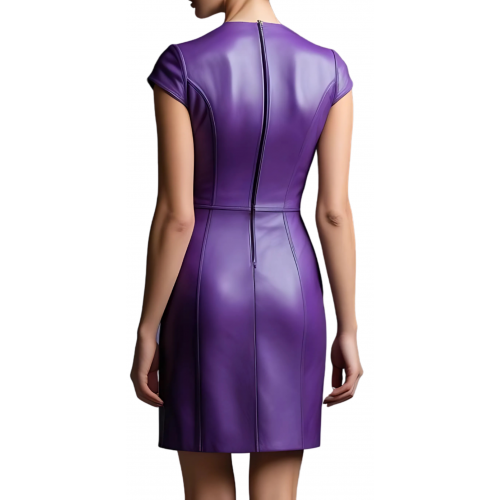 Robe cuir mi courte en cuir d'agneau violet manches courtes modèle Yvanonie