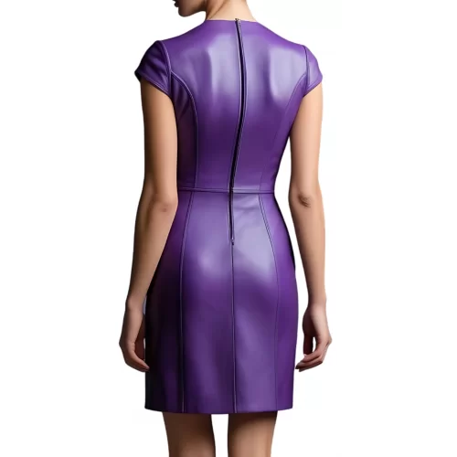 Robe cuir mi courte en cuir d'agneau violet manches courtes modèle Yvanonie
