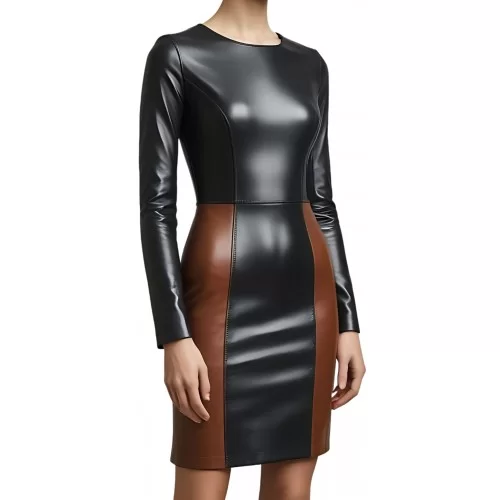 Robe mi longue en cuir d'agneau de deux couleurs noir et marron manches longues modèle Cirella