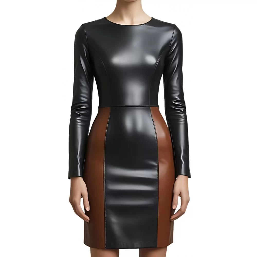 Robe mi longue en cuir d'agneau de deux couleurs noir et marron manches longues modèle Cirella