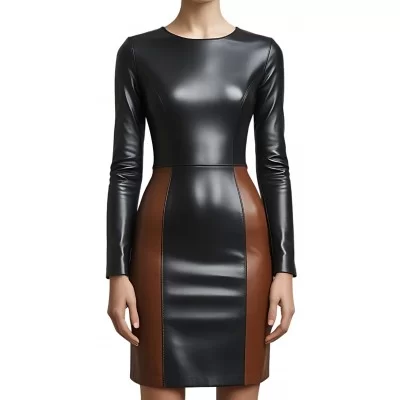 Robe mi longue en cuir d'agneau de deux couleurs noir et marron manches longues modèle Cirella