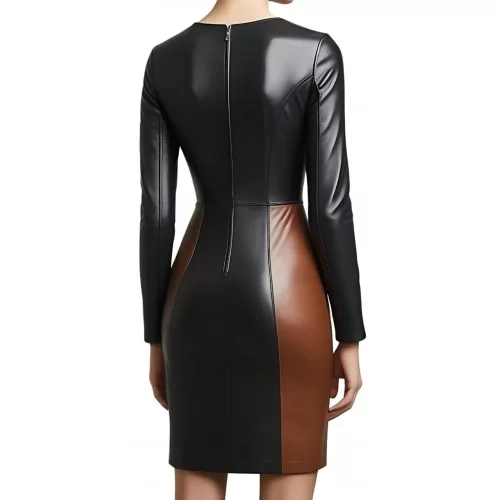 Robe mi longue en cuir d'agneau de deux couleurs noir et marron manches longues modèle Cirella