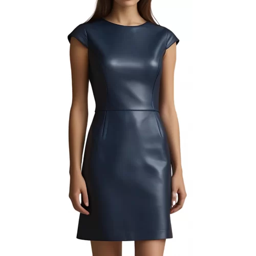 Robe cuir mi courte en cuir d'agneau bleu marine manches courtes modèle Tilaya