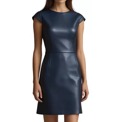 Robe cuir mi courte en cuir d'agneau bleu marine manches courtes modèle Tilaya