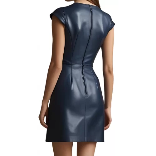 Robe cuir mi courte en cuir d'agneau bleu marine manches courtes modèle Tilaya