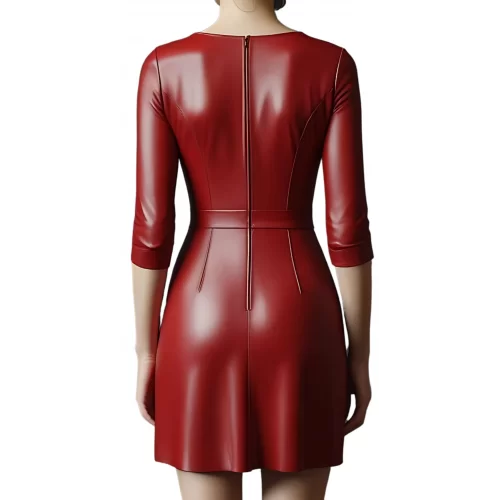 copy of Robe cuir mi courte en cuir d'agneau rouge manches deux tiers modèle Gertude