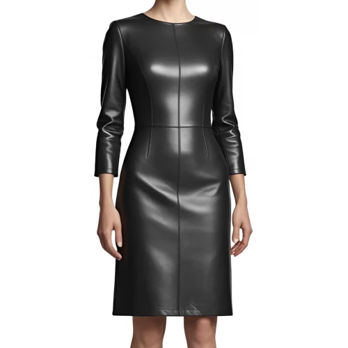 Robe mi longue en cuir d'agneau plongé noir manches deux tiers modèle kaissie