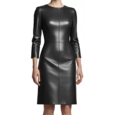 Robe mi longue en cuir d'agneau plongé noir manches deux tiers modèle kaissie