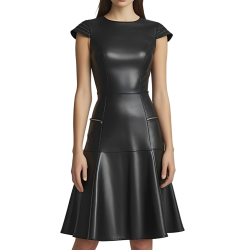 Robe mi longue en cuir d'agneau plongé noir manches courtes et bas évasé modèle Carlani