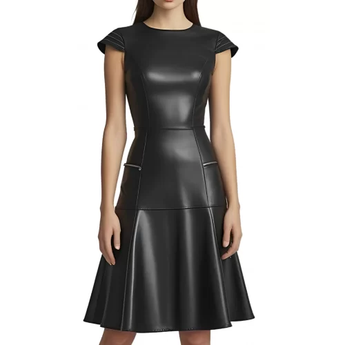 Robe mi longue en cuir d'agneau plongé noir manches courtes et bas évasé modèle Carlani