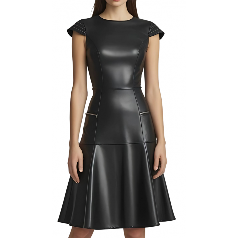 Robe mi longue en cuir d'agneau plongé noir manches courtes et bas évasé modèle Carlani