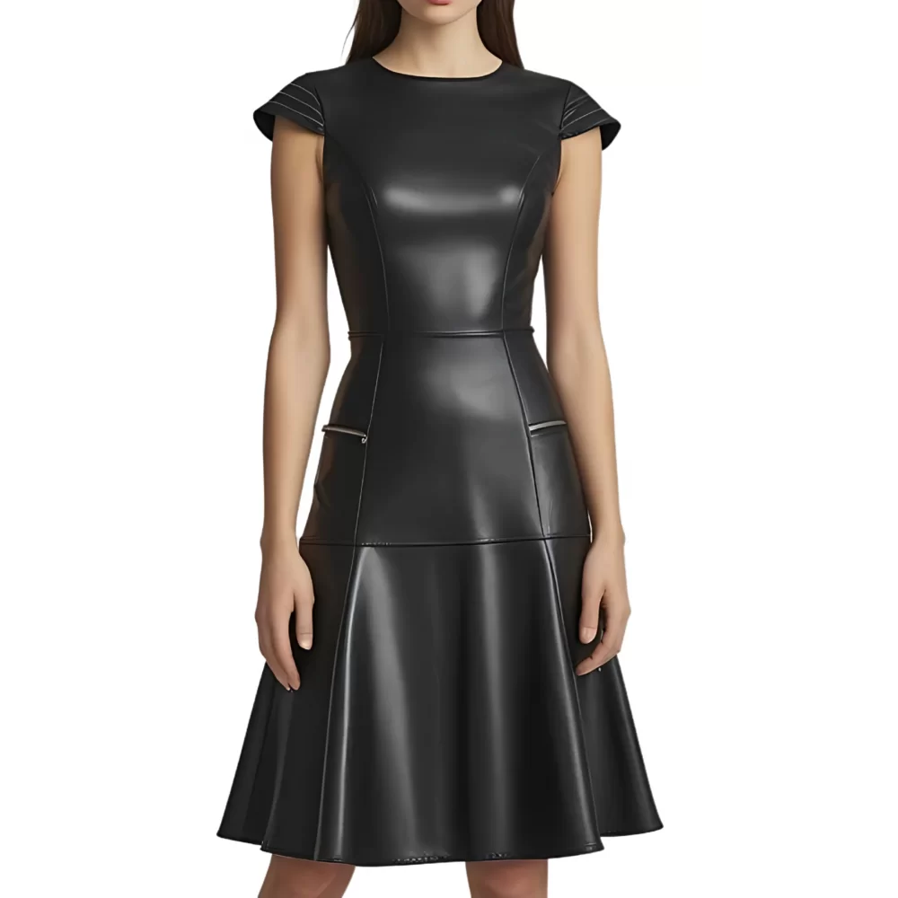 Robe mi longue en cuir d'agneau plongé noir manches courtes et bas évasé modèle Carlani