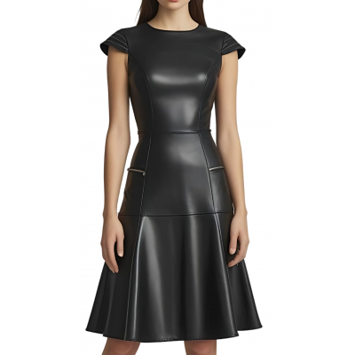 Robe mi longue en cuir d'agneau plongé noir manches courtes et bas évasé modèle Carlani