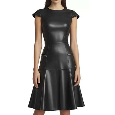 Robe mi longue en cuir d'agneau plongé noir manches courtes et bas évasé modèle Carlani