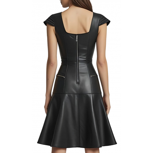 Robe mi longue en cuir d'agneau plongé noir manches courtes et bas évasé modèle Carlani