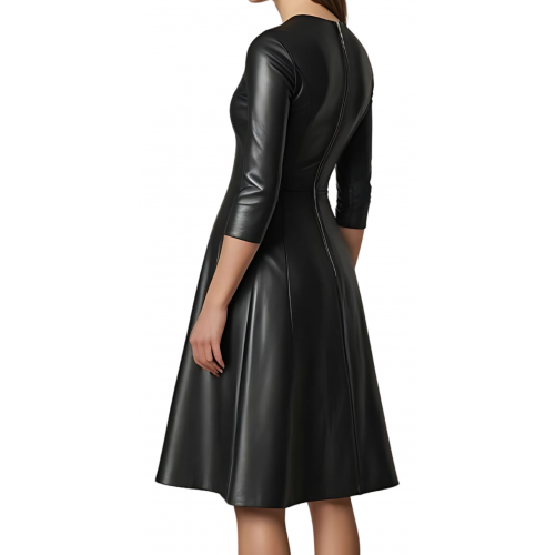 Robe jusqu'aux genoux en cuir d'agneau plongé noir manches deux tiers et bas évasé modèle Mina