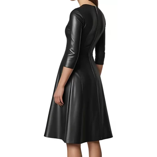 Robe jusqu'aux genoux en cuir d'agneau plongé noir manches deux tiers et bas évasé modèle Mina