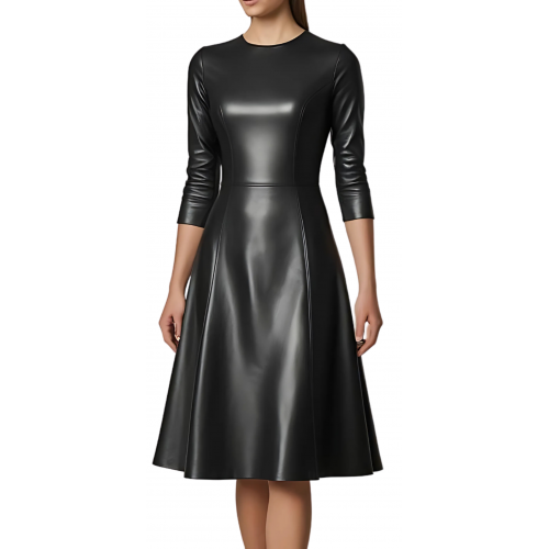 Robe jusqu'aux genoux en cuir d'agneau plongé noir manches deux tiers et bas évasé modèle Mina