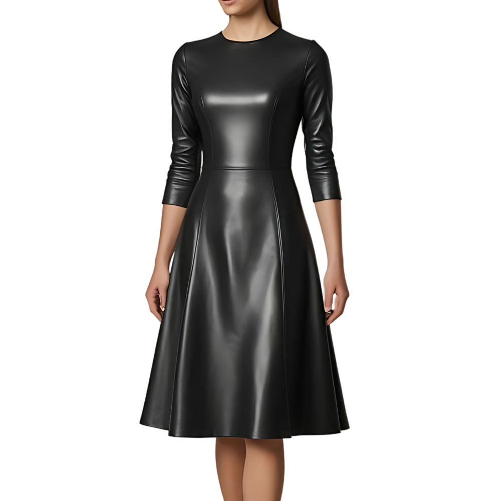 Robe jusqu'aux genoux en cuir d'agneau plongé noir manches deux tiers et bas évasé modèle Mina