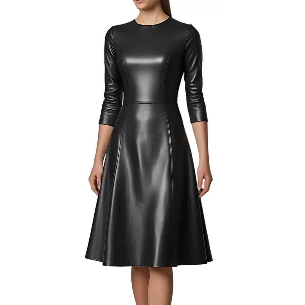 Robe jusqu'aux genoux en cuir d'agneau plongé noir manches deux tiers et bas évasé modèle Mina